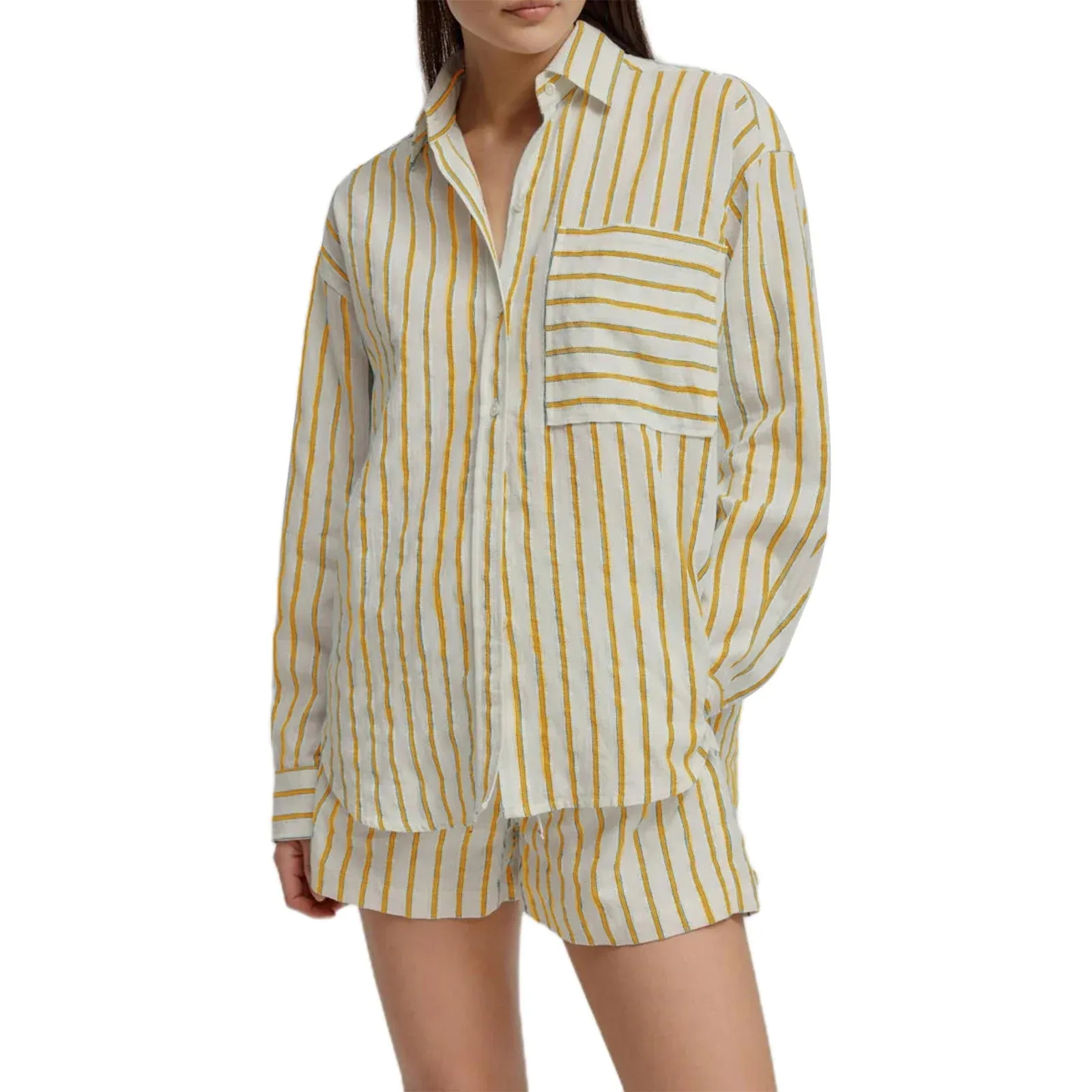 Loose Lapel Neck Long Sleeve Button Down Shirt Shorts Pockets Striped Pajamas