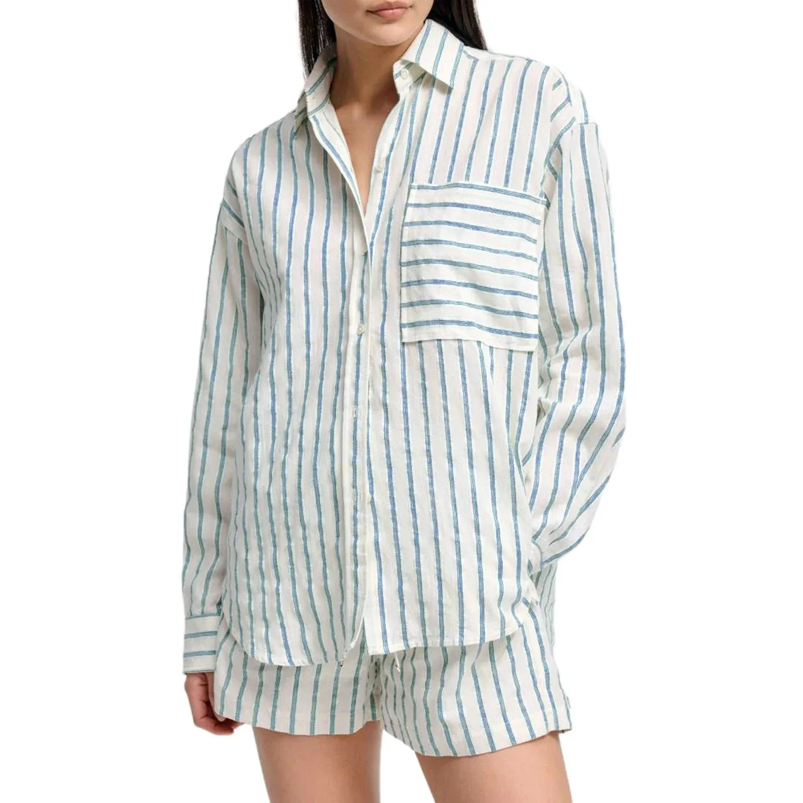 Loose Lapel Neck Long Sleeve Button Down Shirt Shorts Pockets Striped Pajamas