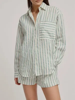 Loose Lapel Neck Long Sleeve Button Down Shirt Shorts Pockets Striped Pajamas