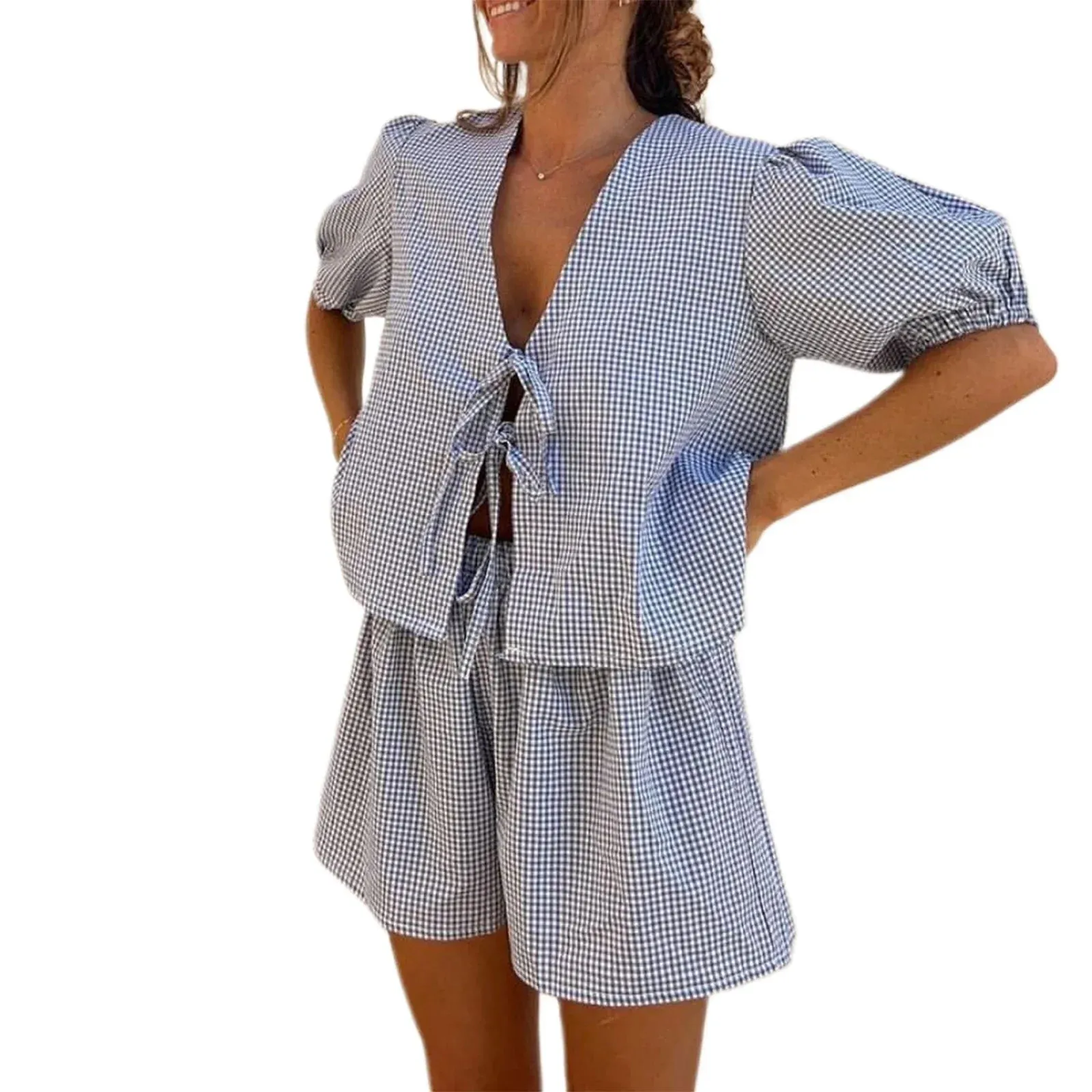 Loose V Neck Puff Sleeve Tie-Up Elastic Waist Summer Chic Plaid Pajamas