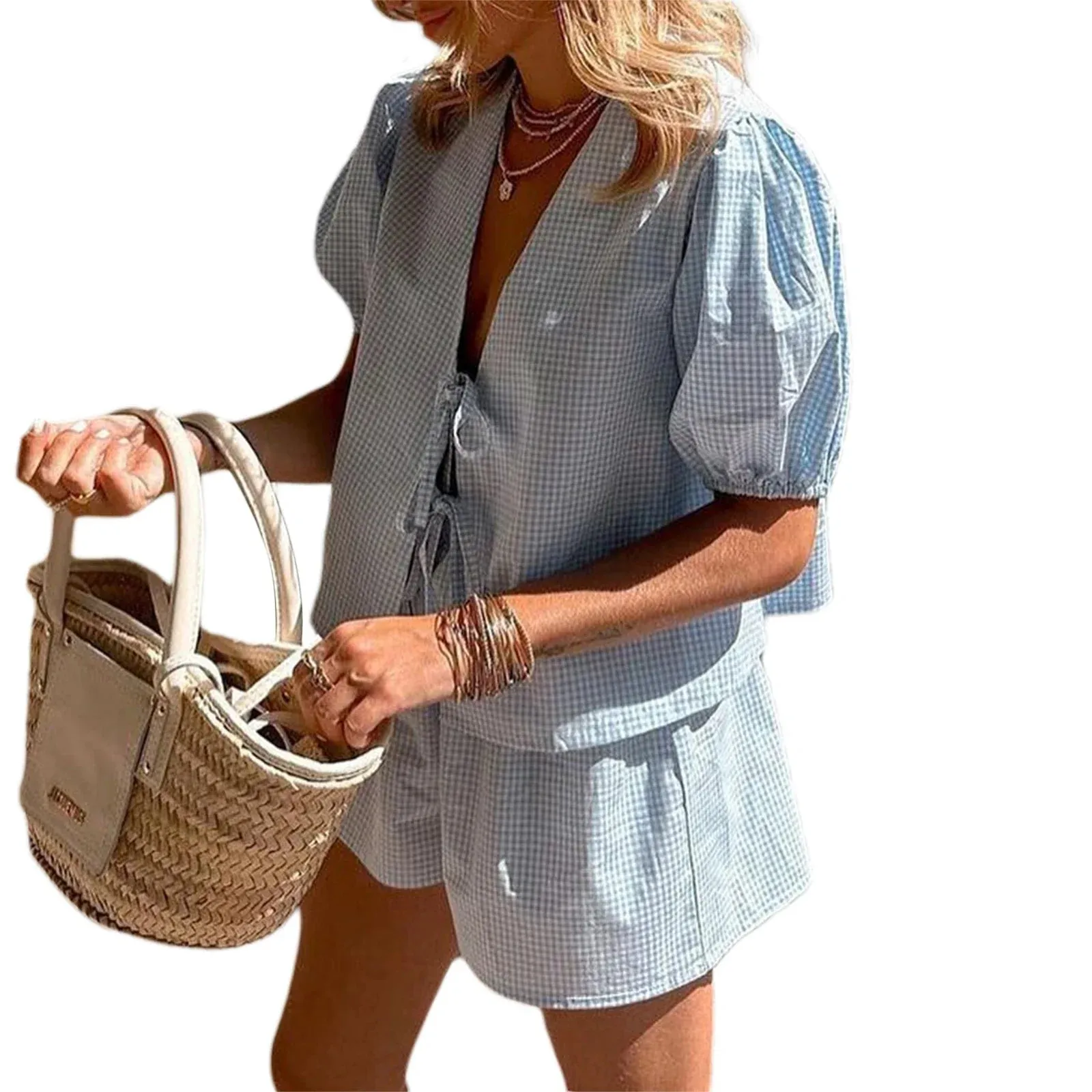 Loose V Neck Puff Sleeve Tie-Up Elastic Waist Summer Chic Plaid Pajamas