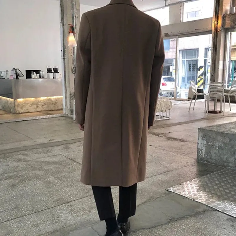 Luxury Mid-Length Woolen Overcoat for Men with Thickened Fabric, Long Sleeves, and Double-Breasted Design