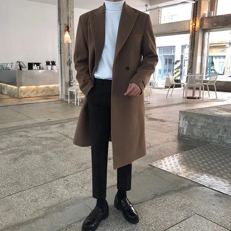 Luxury Mid-Length Woolen Overcoat for Men with Thickened Fabric, Long Sleeves, and Double-Breasted Design