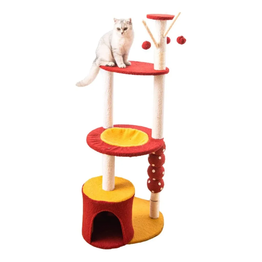 Luxury Plush 130cm Cat Tree Condo, Red Yellow - Floofi