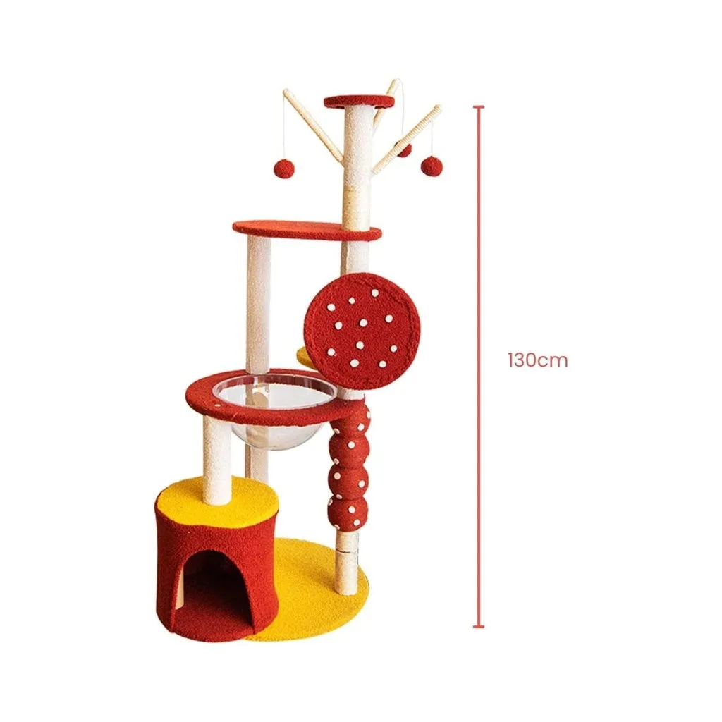 Luxury Plush 130cm Cat Tree Condo, Red Yellow - Floofi