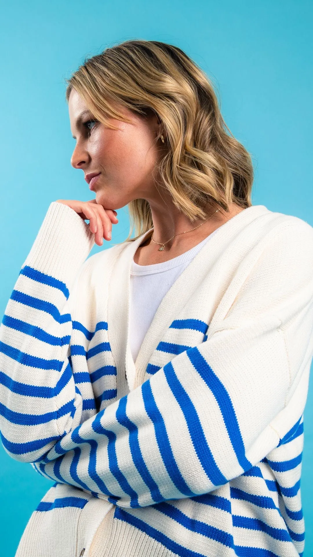 Mabel Stripe Cardi - Cerulean Blue/White Stripe