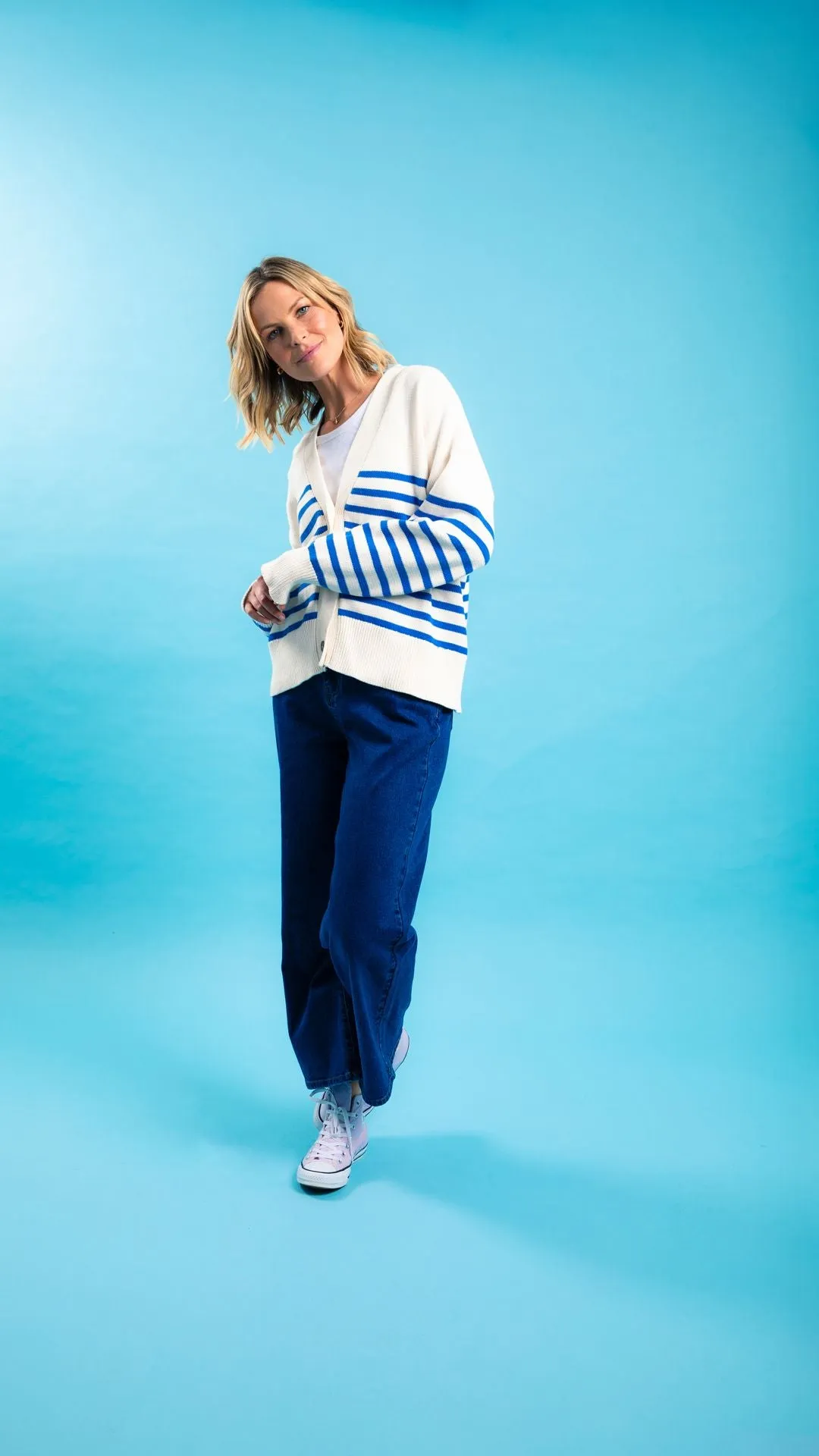 Mabel Stripe Cardi - Cerulean Blue/White Stripe