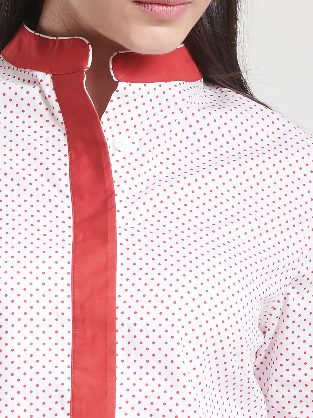 Mandarin Collar Women Cotton Top White and Red