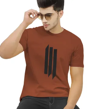 Men Brown Line Printed Round Neck Half Sleeve T-shirt