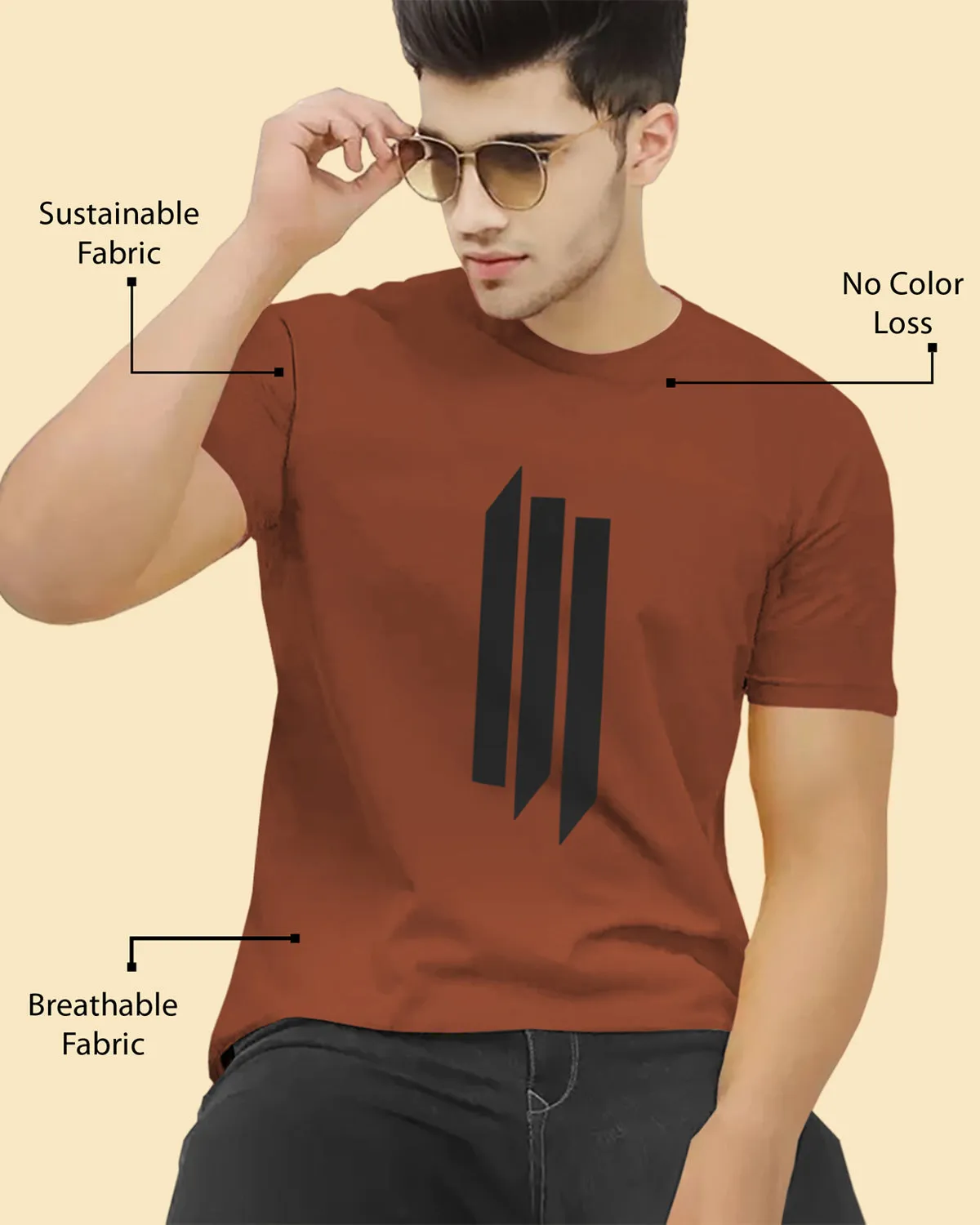 Men Brown Line Printed Round Neck Half Sleeve T-shirt