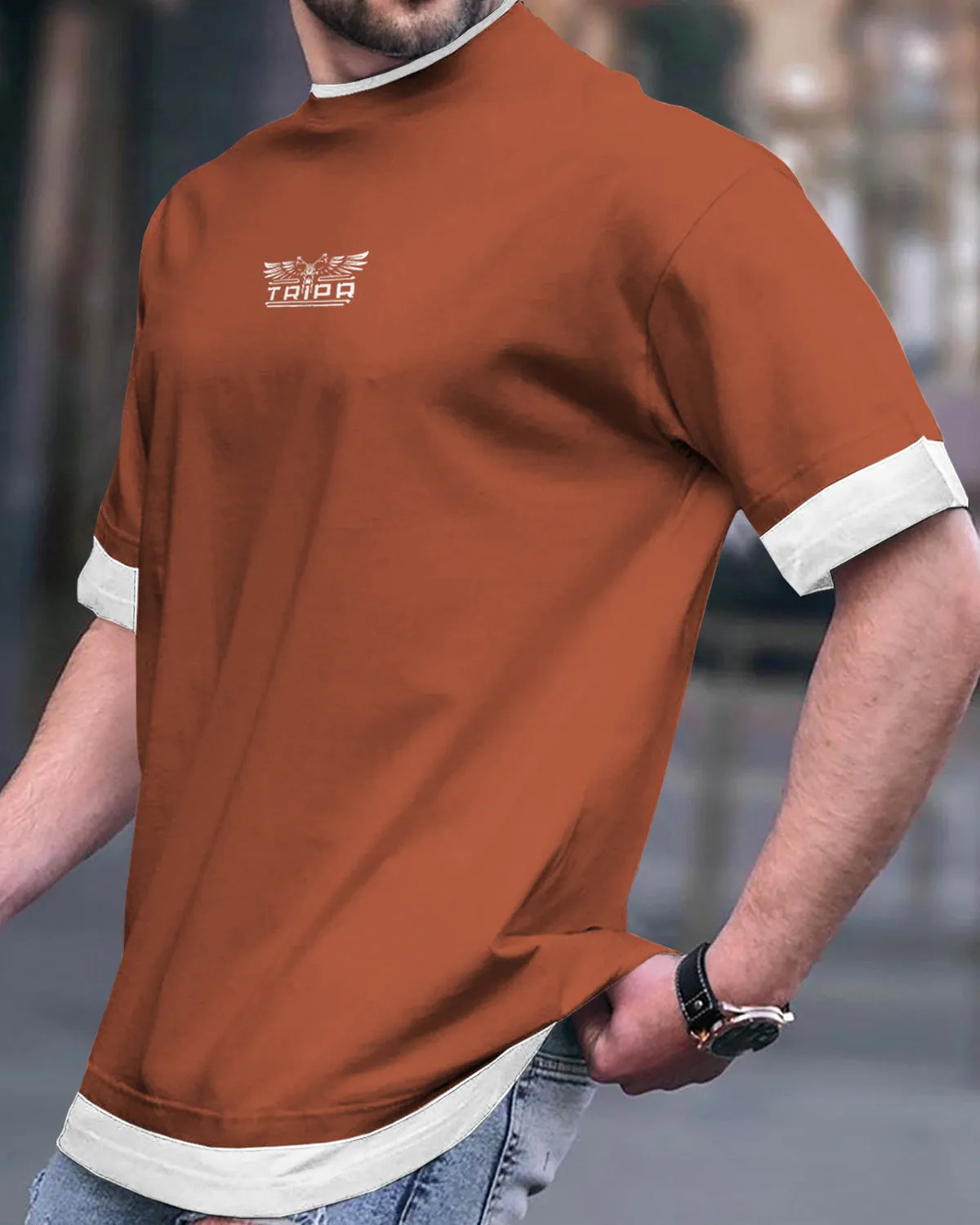 Men Brown-White Drop Shoulder T-shirt