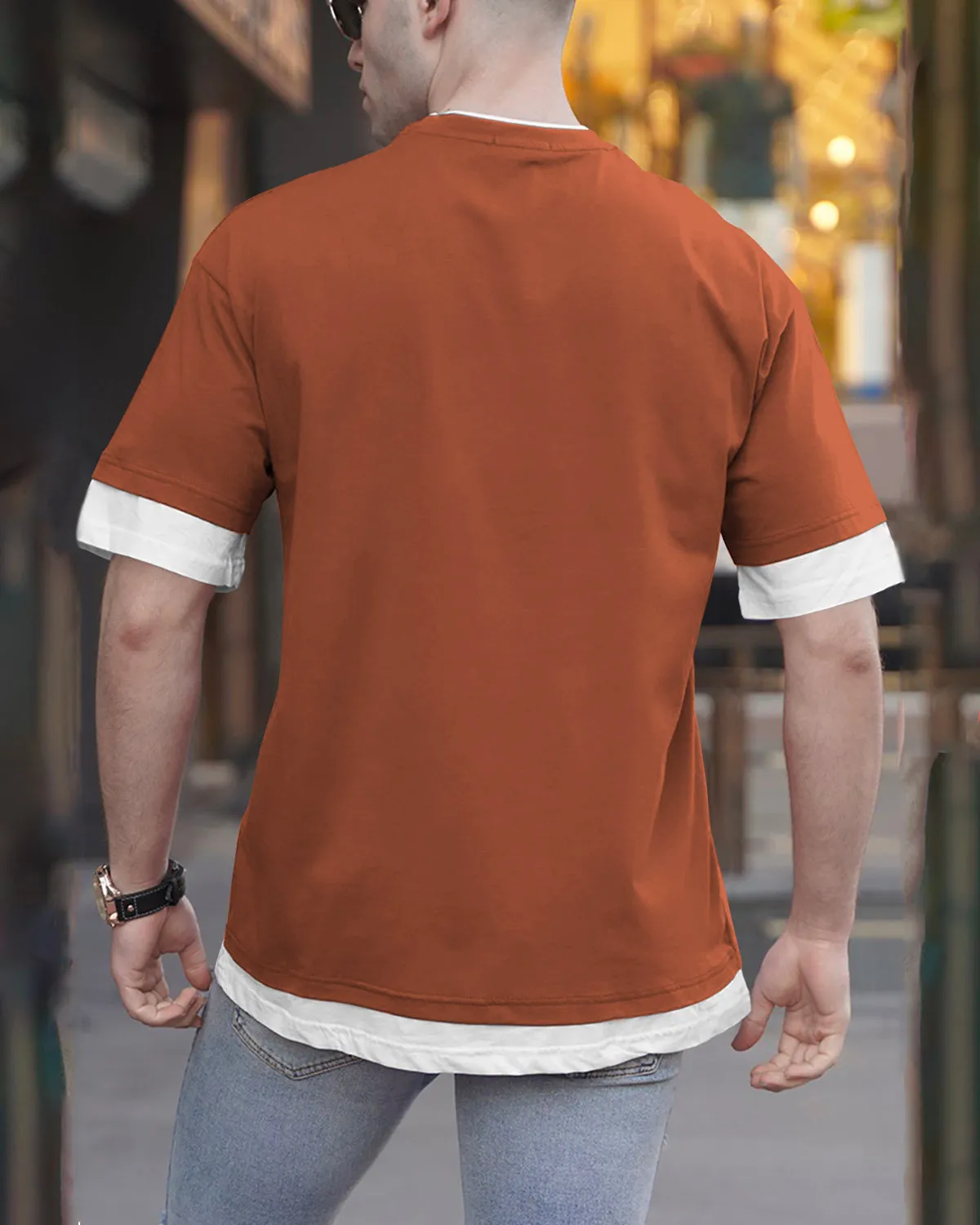 Men Brown-White Drop Shoulder T-shirt