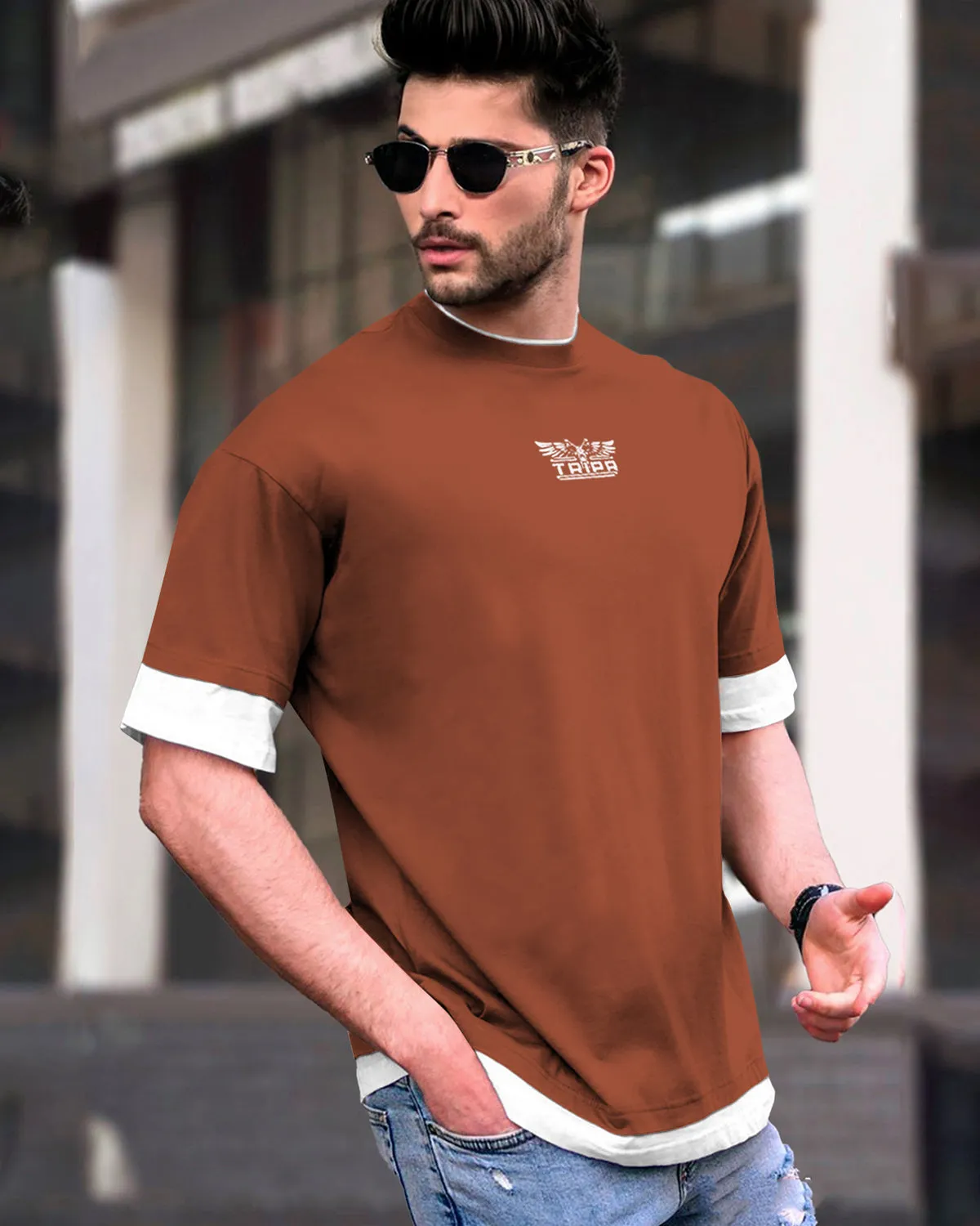 Men Brown-White Drop Shoulder T-shirt