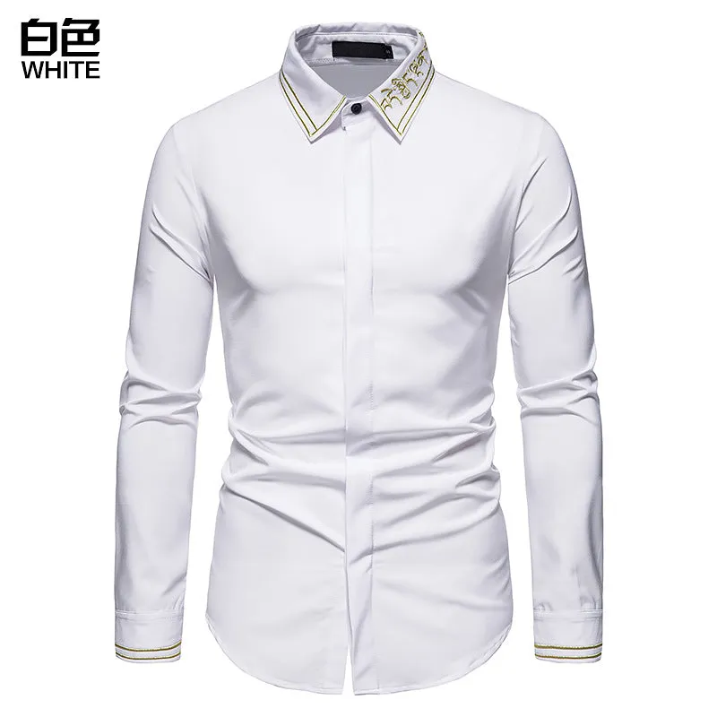 Men Embroidery Turnover Collar Long Sleeves Shirt