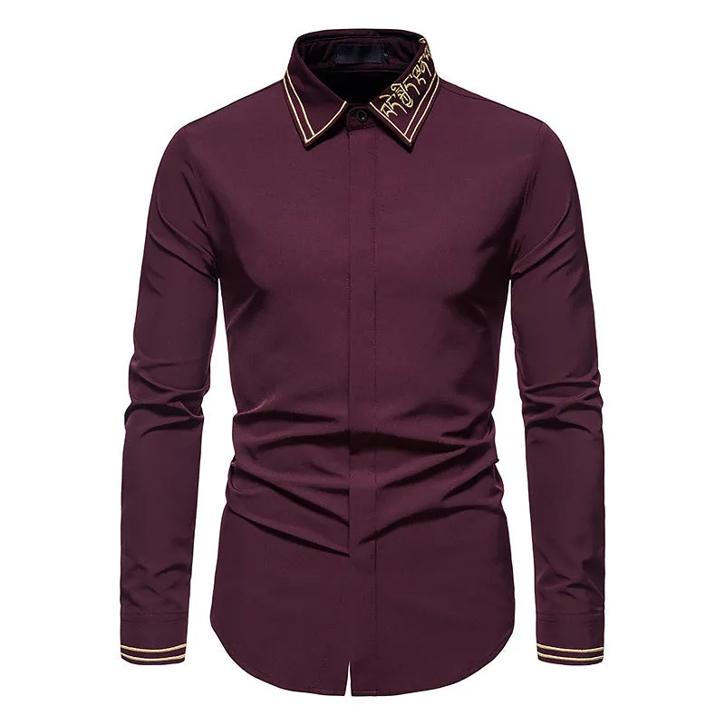 Men Embroidery Turnover Collar Long Sleeves Shirt