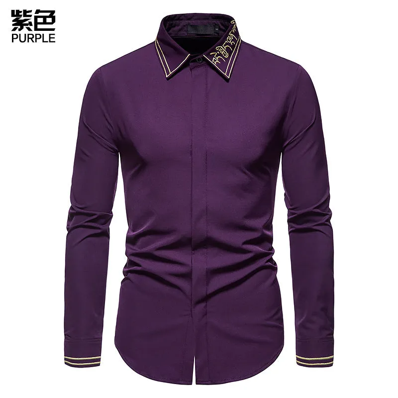 Men Embroidery Turnover Collar Long Sleeves Shirt