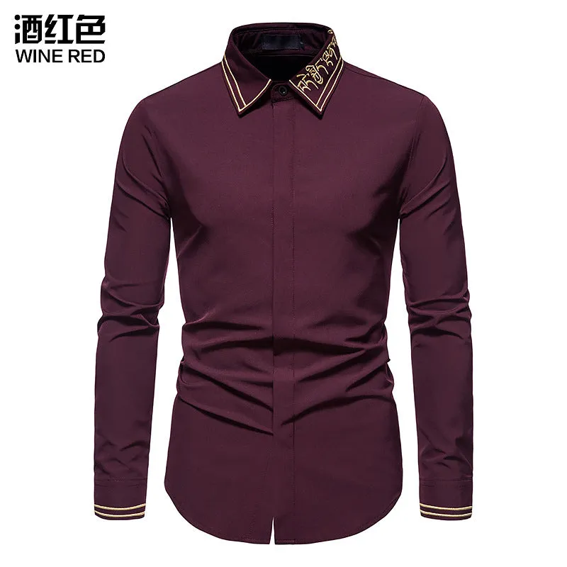 Men Embroidery Turnover Collar Long Sleeves Shirt