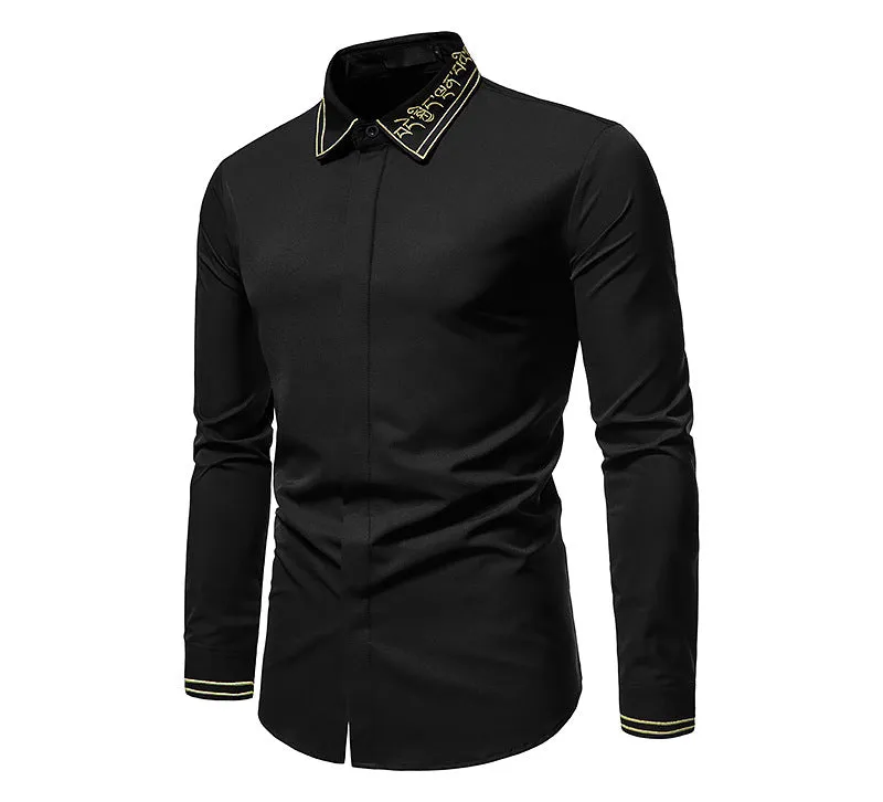 Men Embroidery Turnover Collar Long Sleeves Shirt