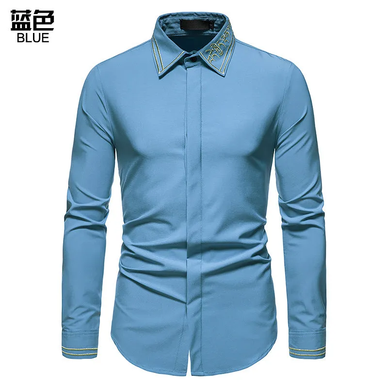 Men Embroidery Turnover Collar Long Sleeves Shirt