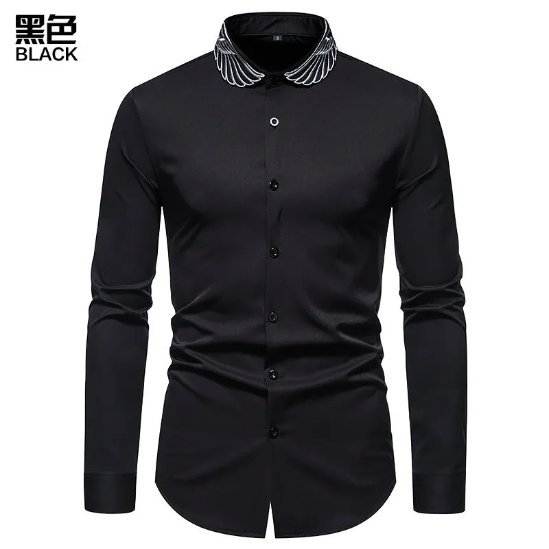 Men Embroidery Wings Turnover Collar Long Sleeves Shirt