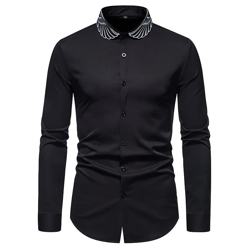 Men Embroidery Wings Turnover Collar Long Sleeves Shirt