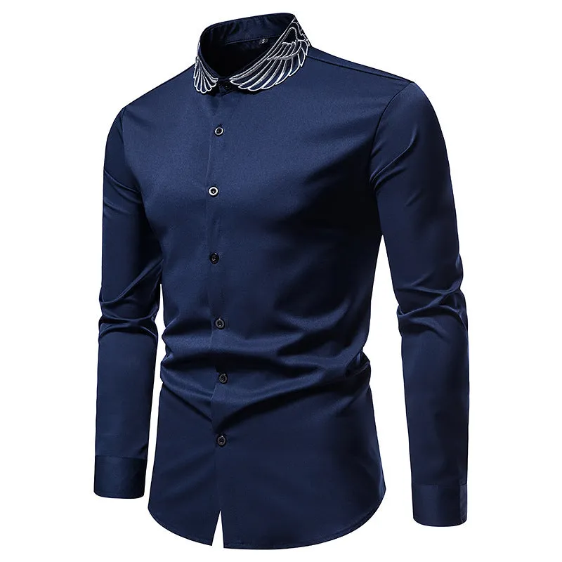 Men Embroidery Wings Turnover Collar Long Sleeves Shirt