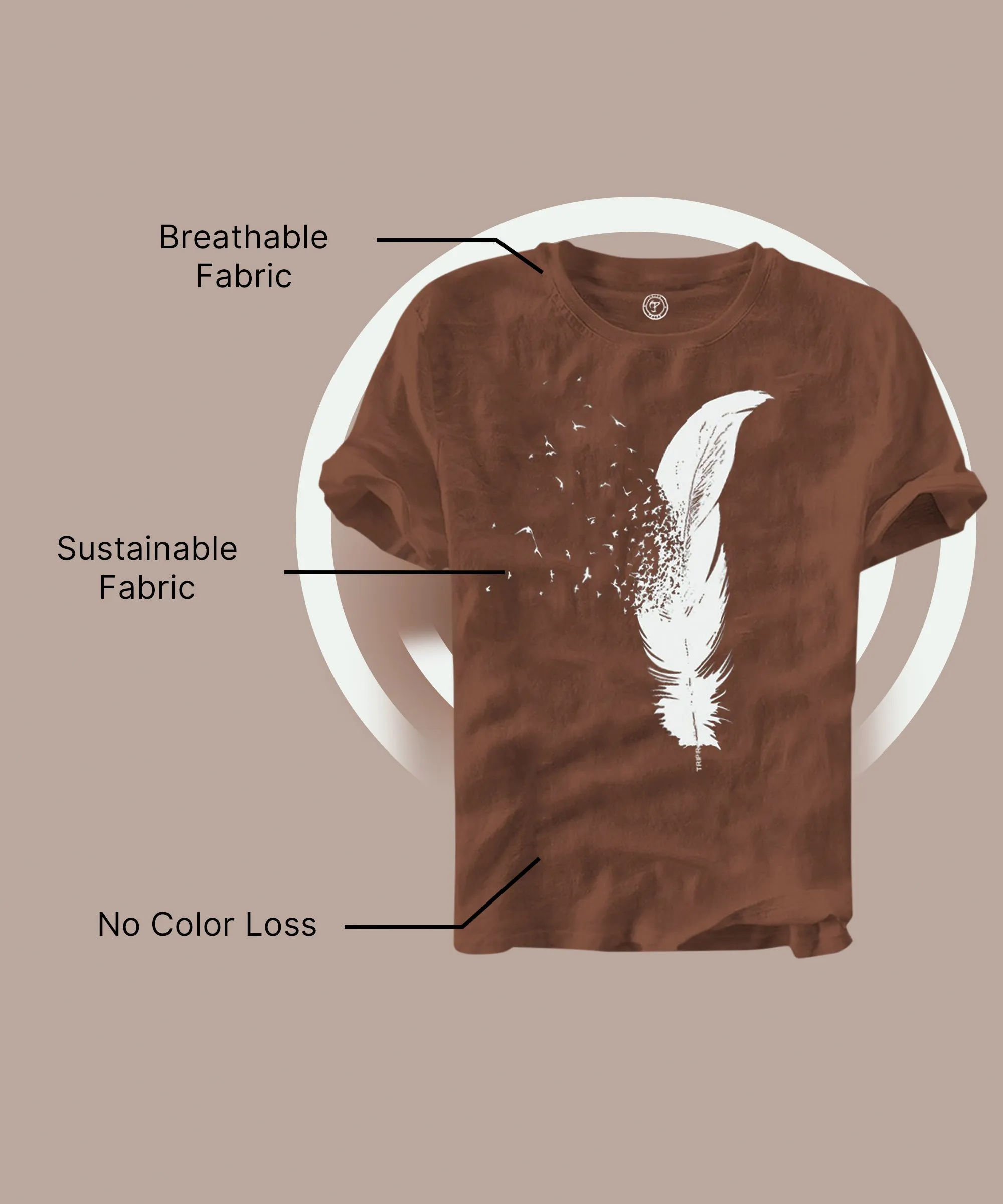 Men Feather Printed Brown Half Sleeve Round Neck T-shirt