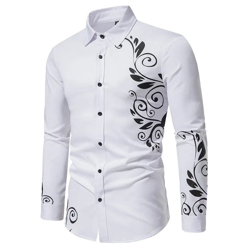 Men Floral Fabric Prints Turnover Collar Long Sleeves Shirt