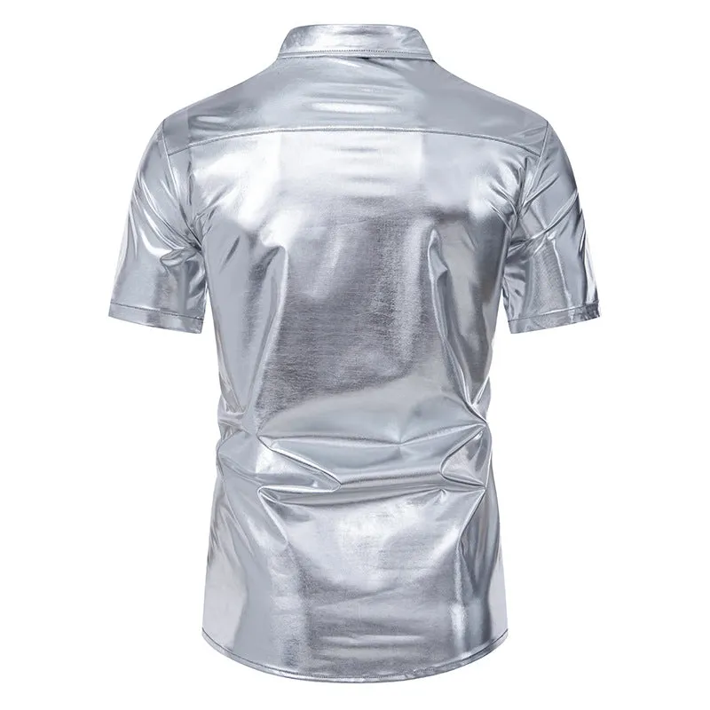 Men Glossy Turnover Collar Short Sleeves Shirt