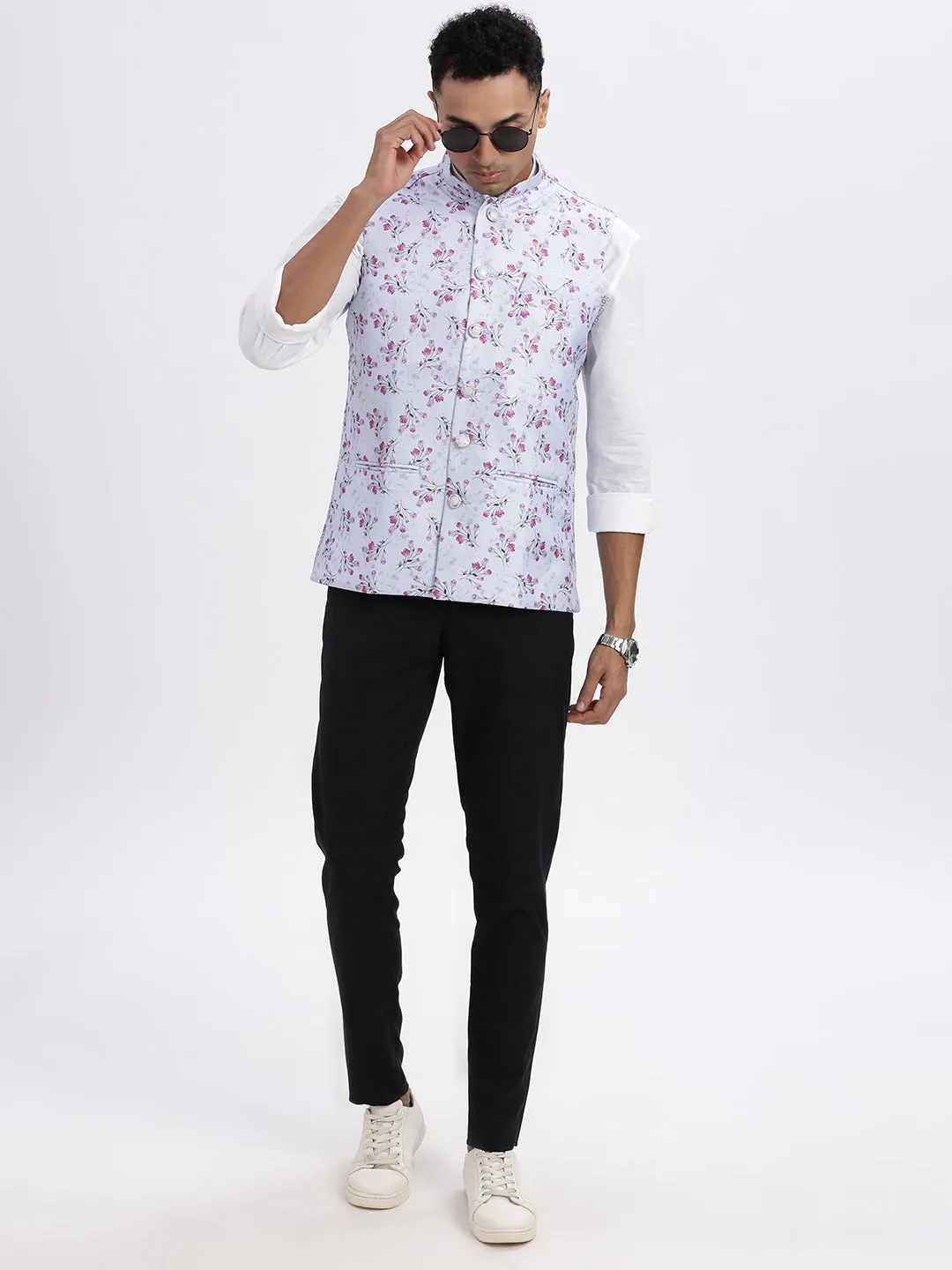 Men Lavender Printed Nehru Jacket