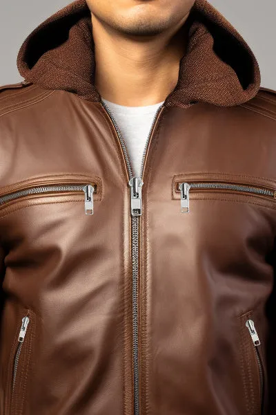 Men Michael Clark Brown Leather Hooded Jacket