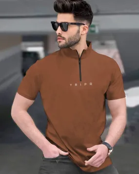 Men Plain Brown Half Sleeve Zip Neck T-Shirt