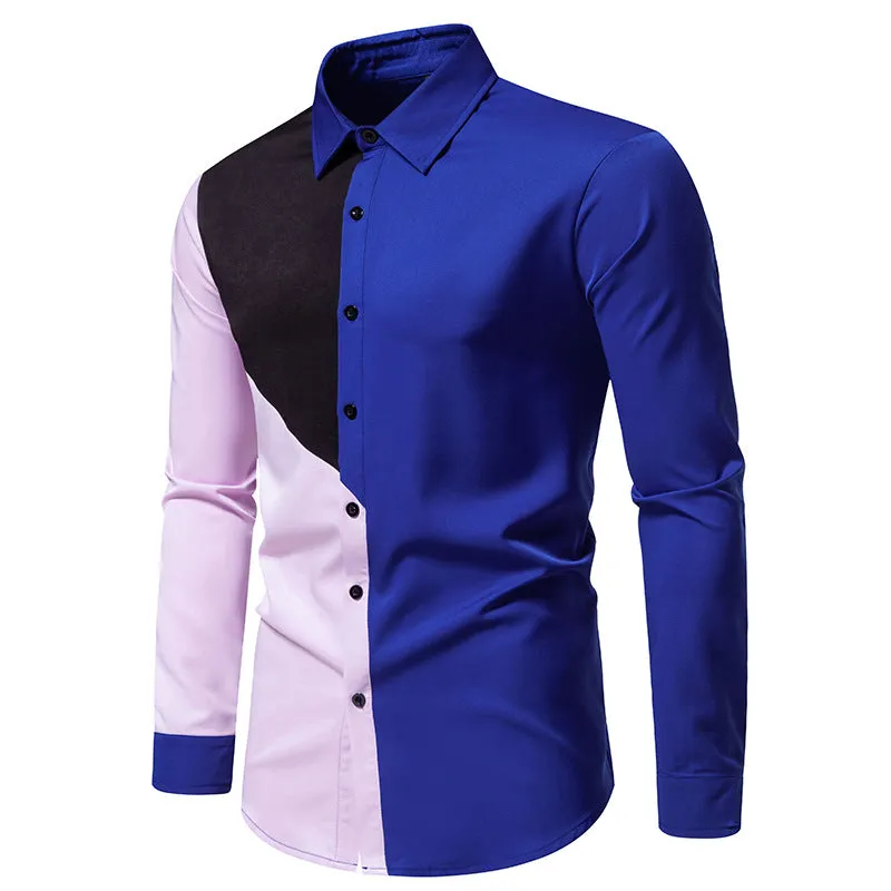 Men Turnover Collar Bicolor Patchwork Long Sleeves Shirt