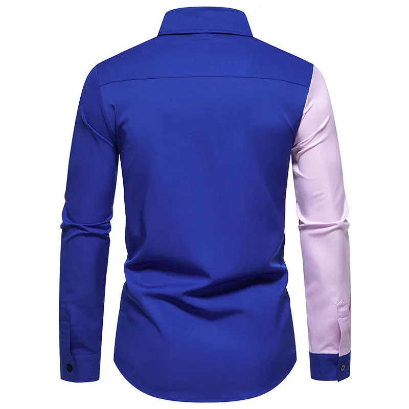 Men Turnover Collar Bicolor Patchwork Long Sleeves Shirt