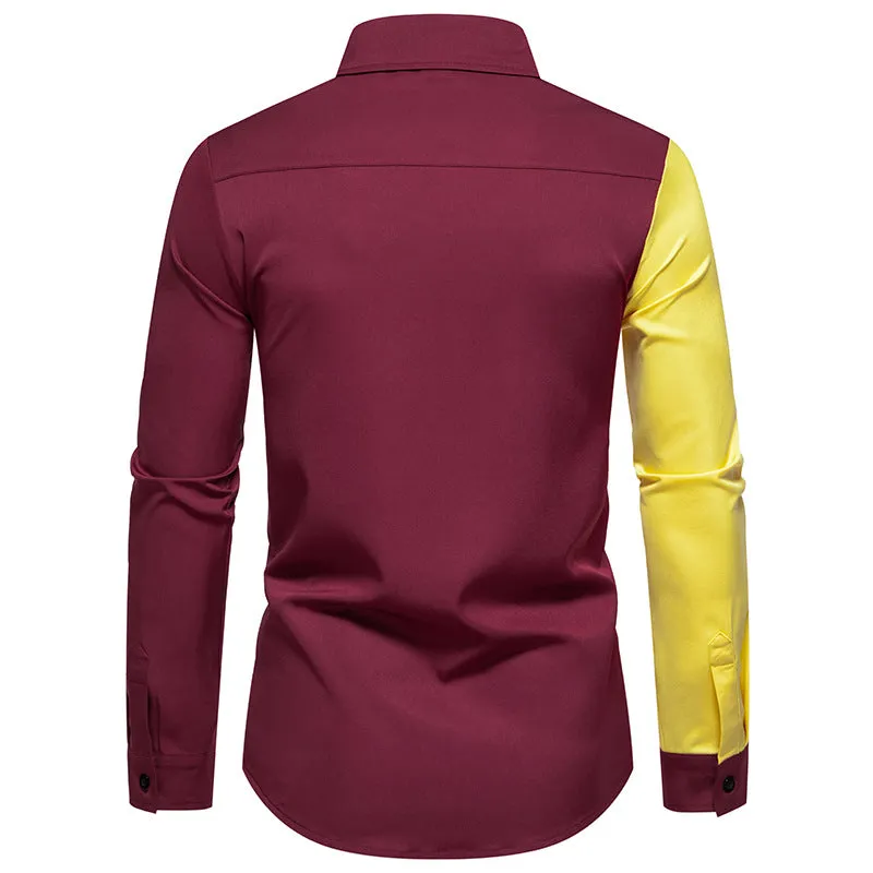 Men Turnover Collar Bicolor Patchwork Long Sleeves Shirt