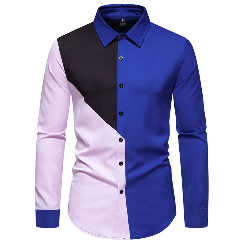 Men Turnover Collar Bicolor Patchwork Long Sleeves Shirt