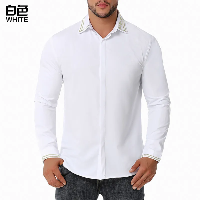 Men Turnover Collar Embroidery Long Sleeves Shirt