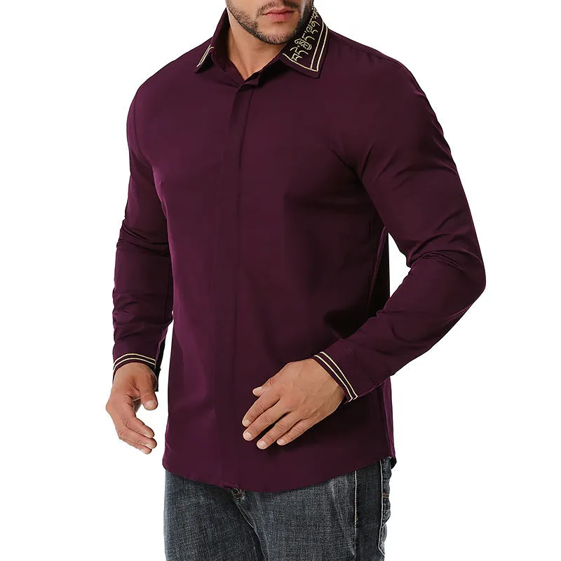 Men Turnover Collar Embroidery Long Sleeves Shirt