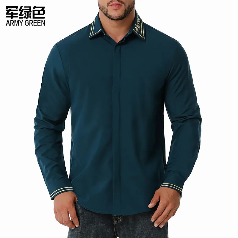 Men Turnover Collar Embroidery Long Sleeves Shirt