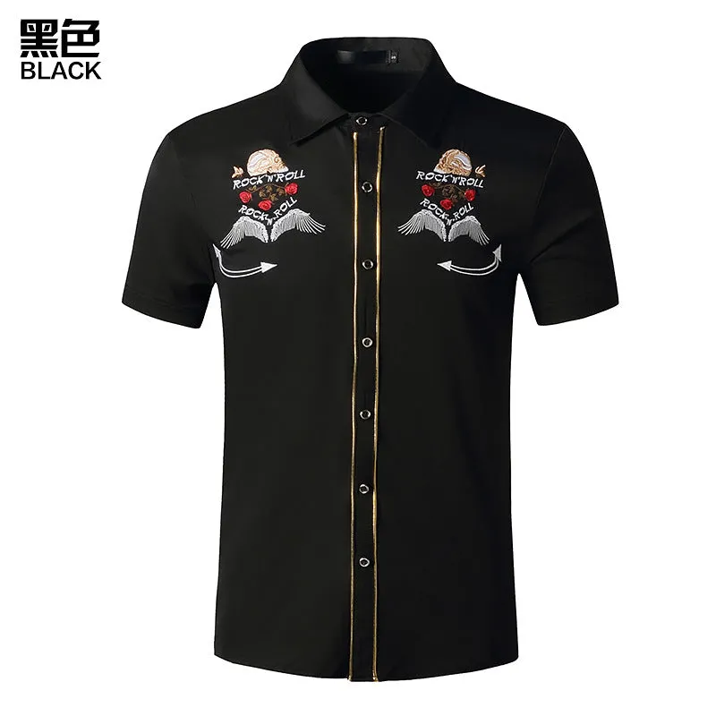 Men Turnover Collar Embroidery Wings Short Sleeves Shirt