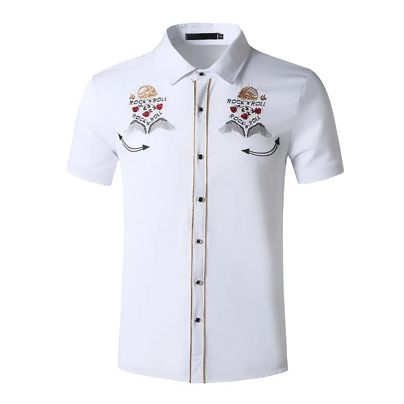 Men Turnover Collar Embroidery Wings Short Sleeves Shirt