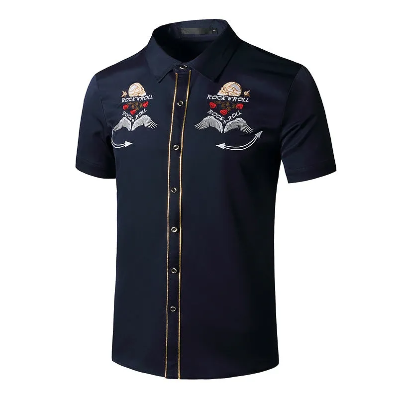 Men Turnover Collar Embroidery Wings Short Sleeves Shirt