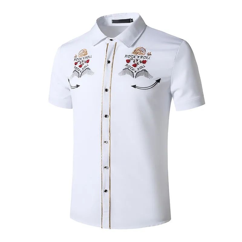 Men Turnover Collar Embroidery Wings Short Sleeves Shirt