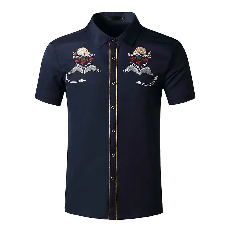 Men Turnover Collar Embroidery Wings Short Sleeves Shirt