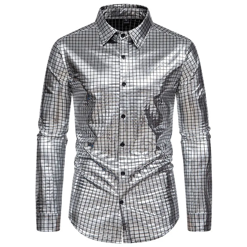 Men Turnover Collar Lattice Glossy Long Sleeves Shirt