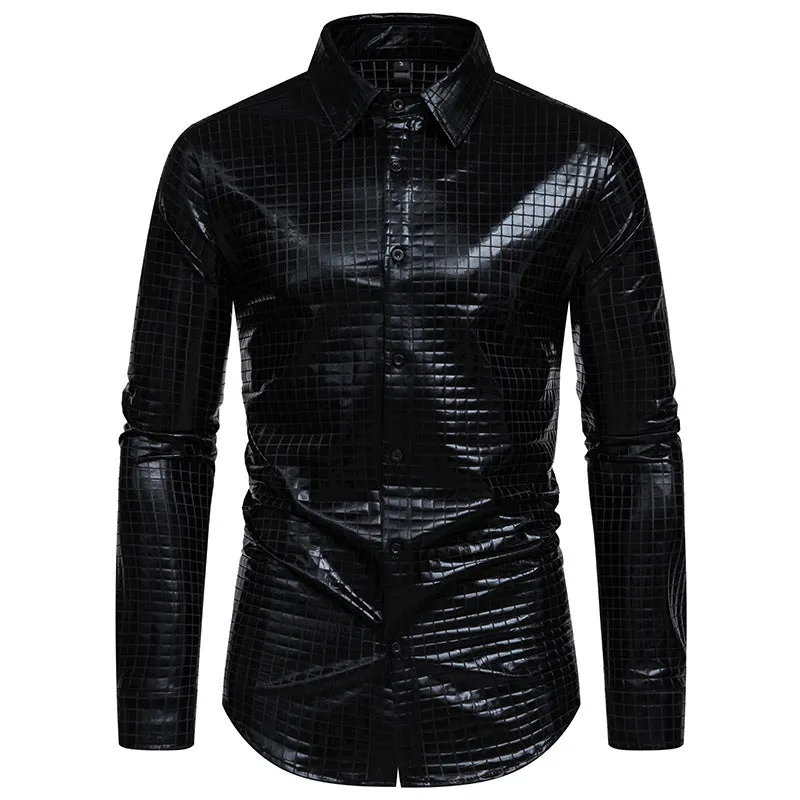 Men Turnover Collar Lattice Glossy Long Sleeves Shirt