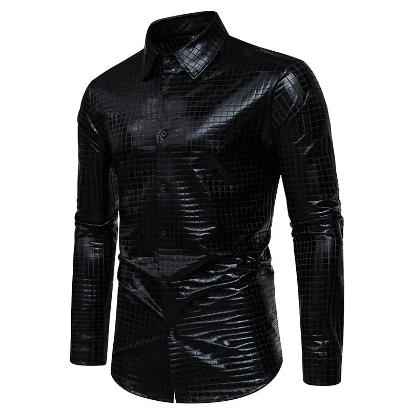 Men Turnover Collar Lattice Glossy Long Sleeves Shirt