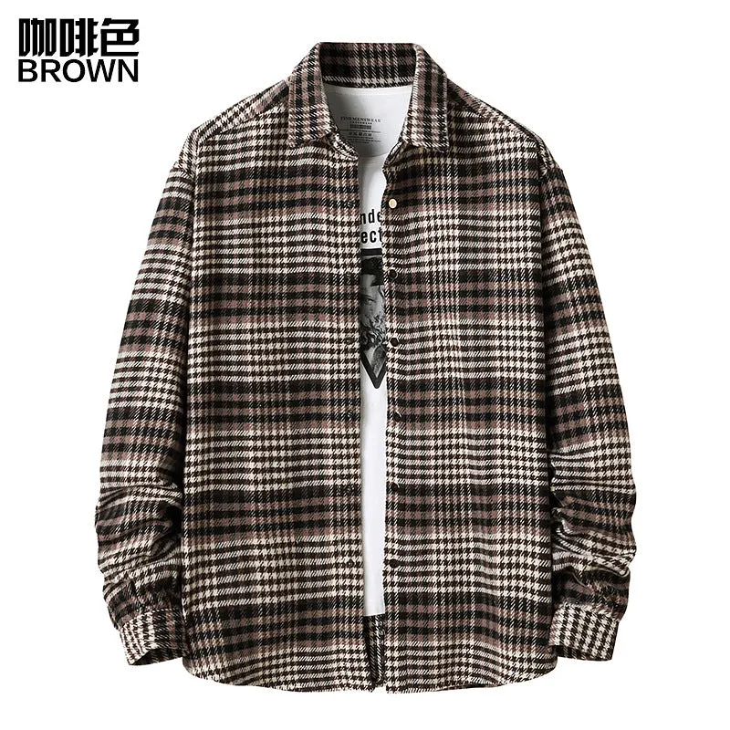 Men Turnover Collar Lattice Warm Long Sleeves Shirt