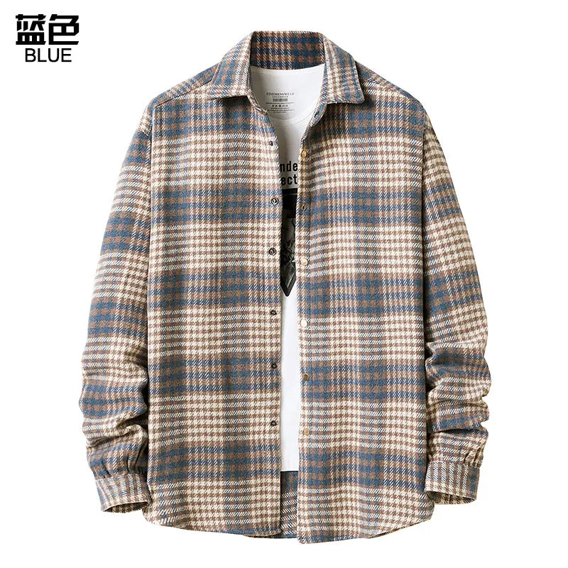 Men Turnover Collar Lattice Warm Long Sleeves Shirt