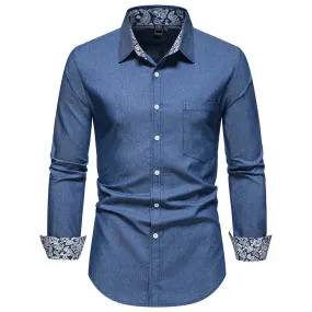 Men Turnover Collar Oriental Prints Long Sleeves Shirt